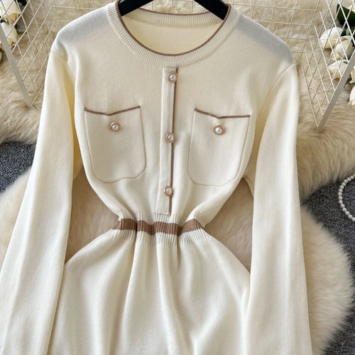 Load image into Gallery viewer, Korean Beige Patchwork Slim Long Sleeve Knitting Midi Dress Women Autumn Winter Round Neck High Waist Elegant Sweater Dress Chic
