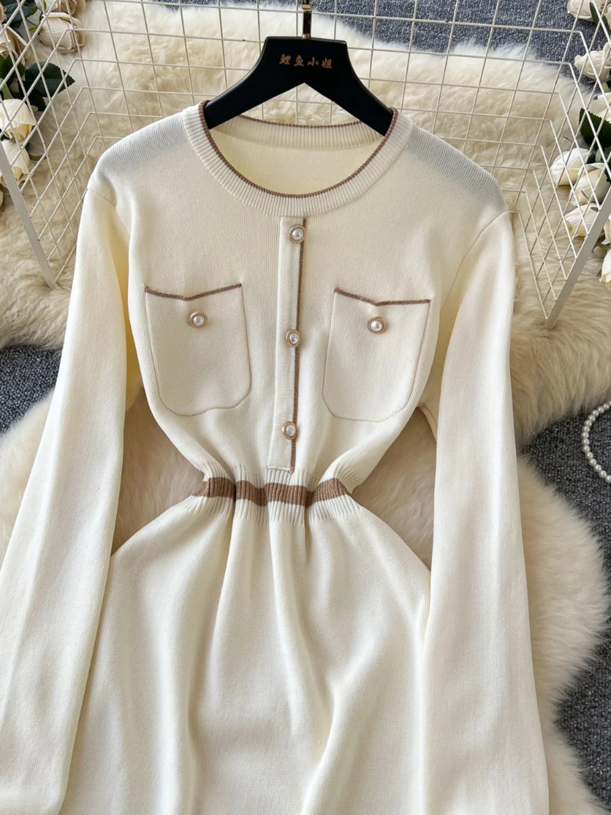 Korean Beige Patchwork Slim Long Sleeve Knitting Midi Dress Women Autumn Winter Round Neck High Waist Elegant Sweater Dress Chic