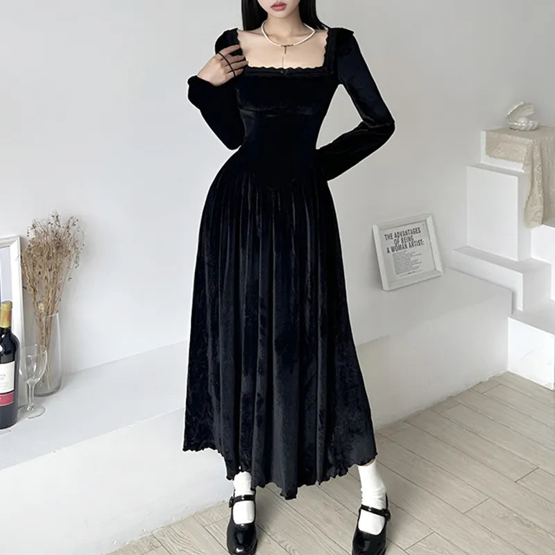 Square Neck Lace Trim Black Velour Autumn Dress A-Line Korean Fashion Fold Corset Long Dress Elegant Party Birthday