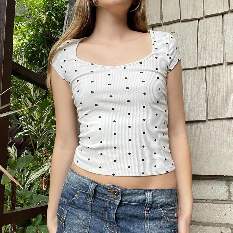 Casual White Knit Square Neck Basic Summer T shirt for Women Polka Dot Korean Fashion Short Sleeve Top Tee Kawaii New