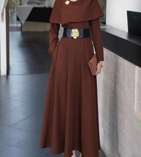 Solid Slimming Spliced Belt Temperament Dresses for Women Round Neck Long Sleeves Dress Female Fashion Clothing New