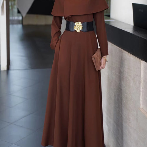 Load image into Gallery viewer, Solid Slimming Spliced Belt Temperament Dresses for Women Round Neck Long Sleeves Dress Female Fashion Clothing New
