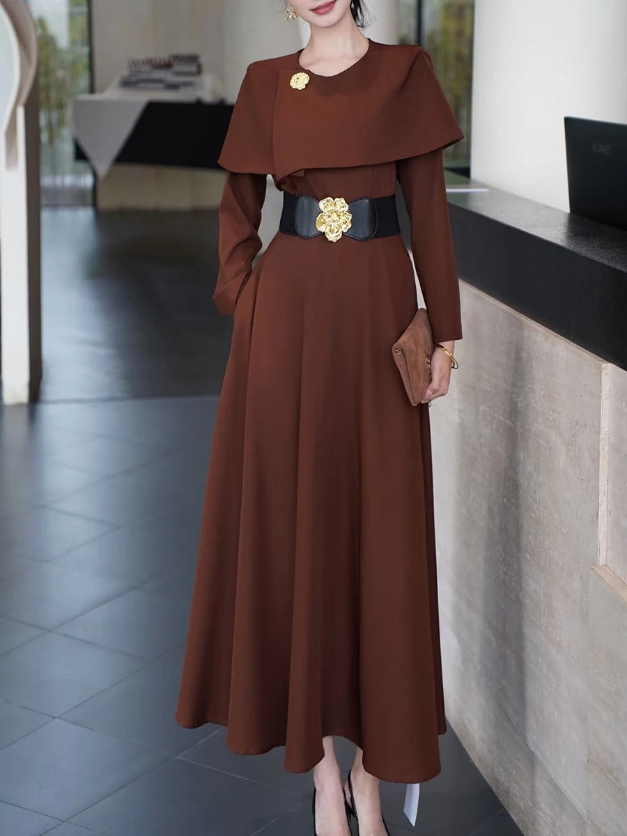 Solid Slimming Spliced Belt Temperament Dresses for Women Round Neck Long Sleeves Dress Female Fashion Clothing New