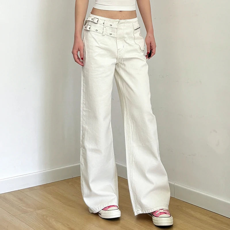 White Chic Waist Fake Belt Design Cargo Jeans Women's Streetwear Straight Leg Loose Denim Trousers Button-Fly Bottoms