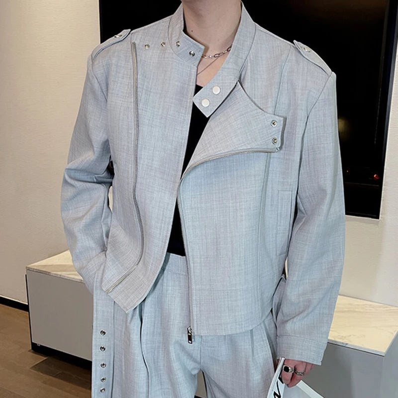 Men's Jacket New Spring Korean Solid Color Slant Zipper Handsome Design Male Stand Collar Casual Stylish Clothing 9W1413