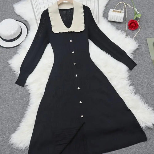 Load image into Gallery viewer, Korean Women's Autumn Black Patchwork Long Sleeved Casual Dress Fashion Red Purple Single Breasted Office Knit Dress Holiday New
