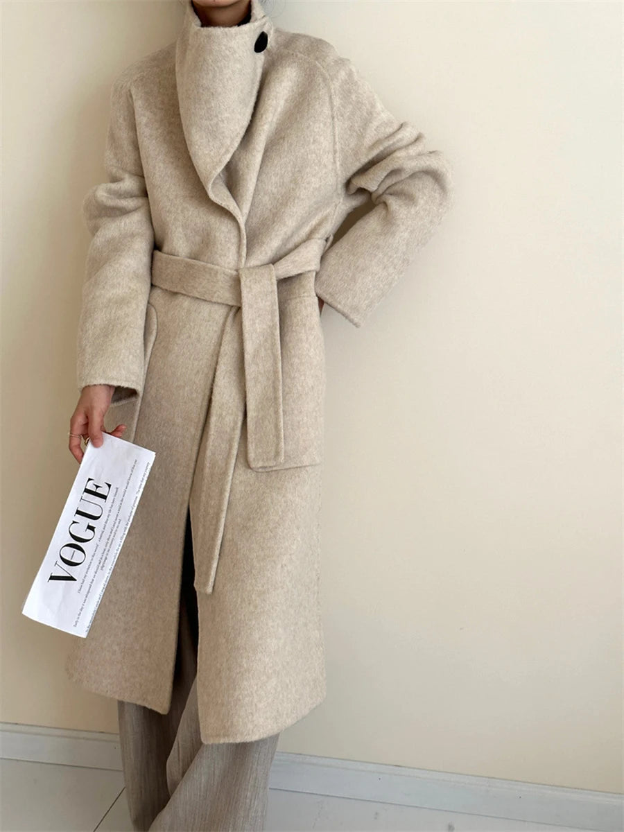 Solid Loose Patchwork Pocket Overcoat For Women Stand Collar Long Sleeve Spliced Button Minimalist Long Coat Female