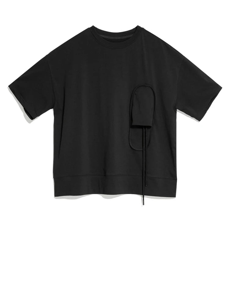 Women Black 3d Patch Spliced Big Size Casual T-shirt New Round Neck Short Sleeve Fashion Tide Spring Summer 2025  1DJ1777