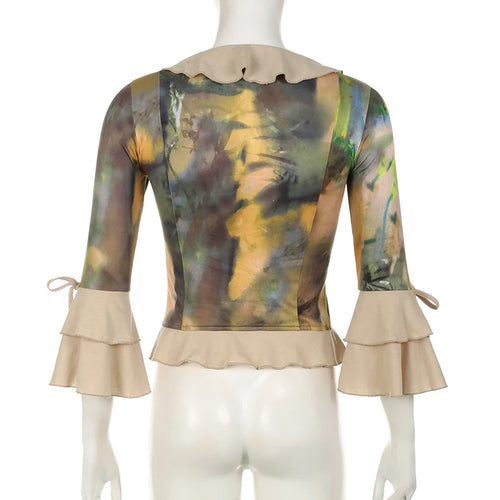 Load image into Gallery viewer, Fairycore Ruffles Patchwork Cropped Top Blouse Tie Dye Buttons Up Flare Sleeve Women&#39;s T-shirt Vintage Contrast Color
