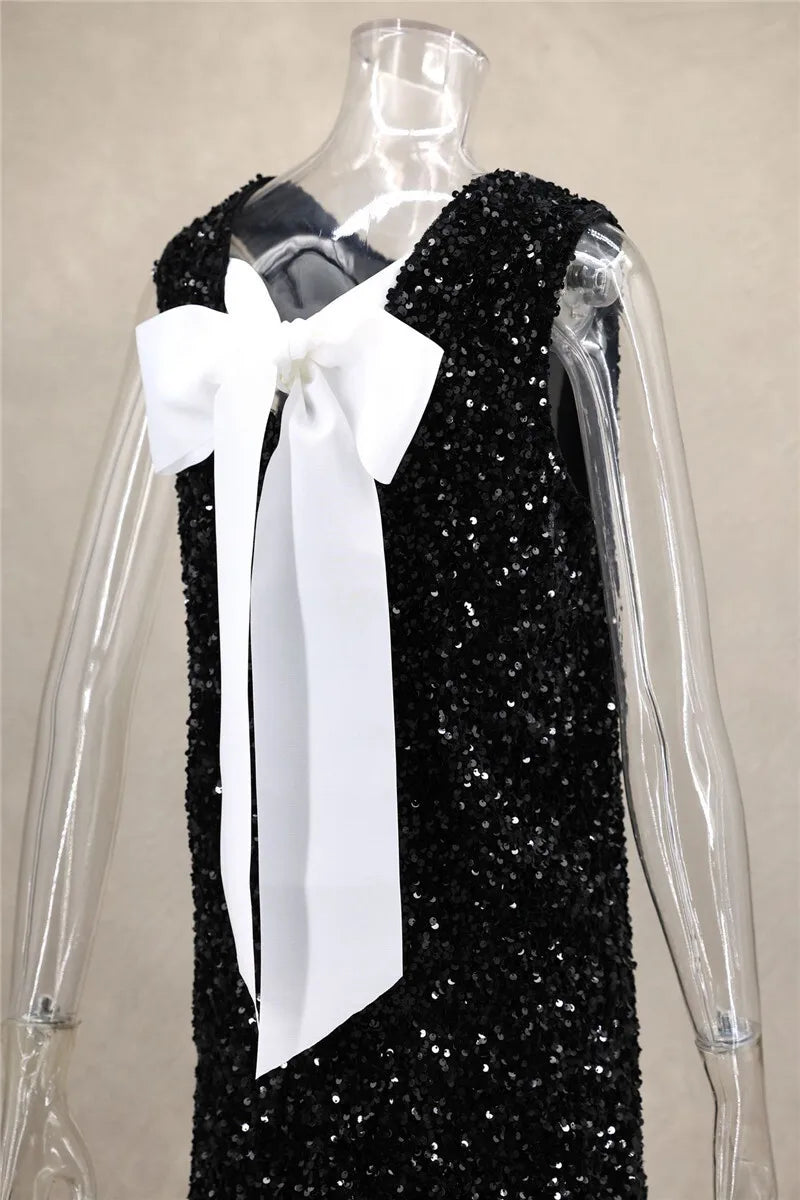 Sequins Backless Bow Sexy Mini Dress For Women Robe 2025 New Sleeveless A-line Sparkle Club Dress Elegant Vestido