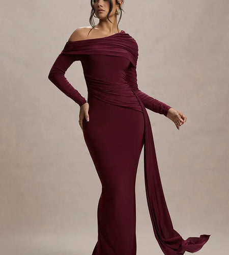 Skew Collar Long Sleeve Sexy Maxi Dress For Women Gown Fashion Backless Draped Ruched Bodycon Club Long Dress Elegant