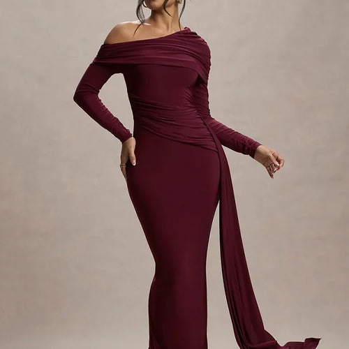Load image into Gallery viewer, Skew Collar Long Sleeve Sexy Maxi Dress For Women Gown Fashion Backless Draped Ruched Bodycon Club Long Dress Elegant
