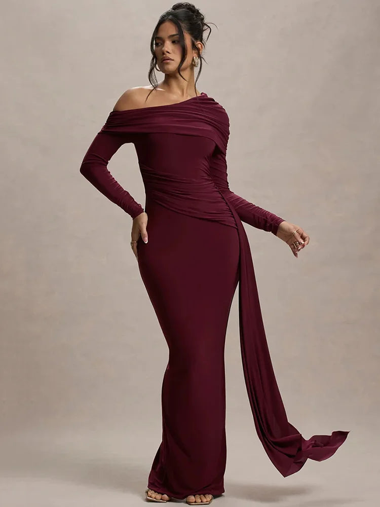Skew Collar Long Sleeve Sexy Maxi Dress For Women Gown Fashion Backless Draped Ruched Bodycon Club Long Dress Elegant