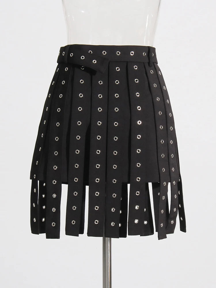 Patchwork Belt Streetwear Irregular Mini Skirts For Women High Waist Solid Temperament A Line Skirt Female Fashion Clothing