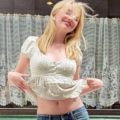 Load image into Gallery viewer, Ruffle Top Buttons y2k Kawaii Women Crop Tops Cute E-girl Short Sleeve Tshirt Sweet Fairy Core Clothes Summer 2024 Vest
