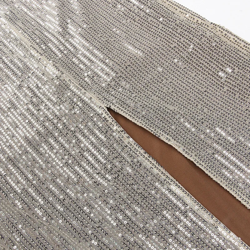 Spaghetti Strap Sparkle Maxi Dress Women Glitter Elegant Split Sleeveless Long Dress Fashion Sexy Party Club Dress