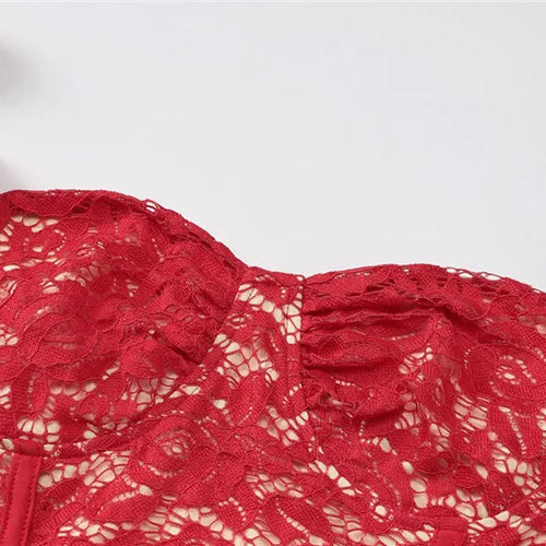 Load image into Gallery viewer, Red Lace Off-shoulder Sexy Mini Dress For Women Fashion Halter Strapless Long Sleeve Bodycon Club Party Sexy Dress
