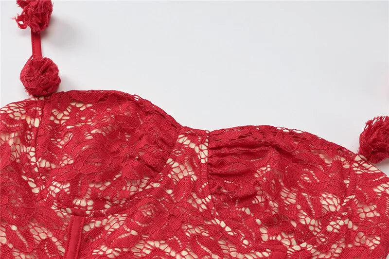 Red Lace Off-shoulder Sexy Mini Dress For Women Fashion Halter Strapless Long Sleeve Bodycon Club Party Sexy Dress