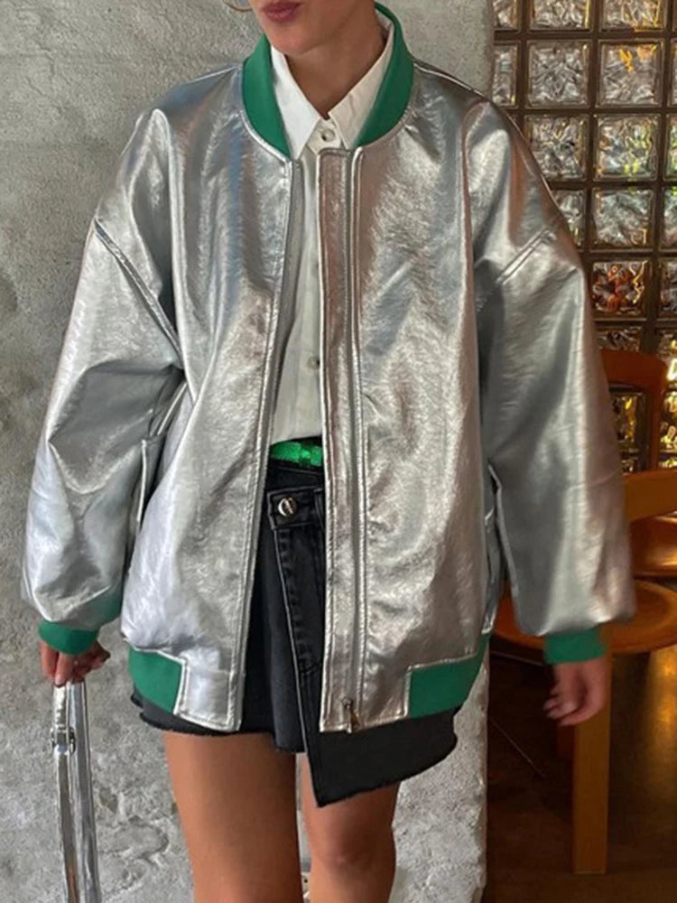 Colorblock Glossy Streetwear Jackets For Women Stand Collar Long Sleeve Spliced Zipper Casual Jacket Female Fashion Style