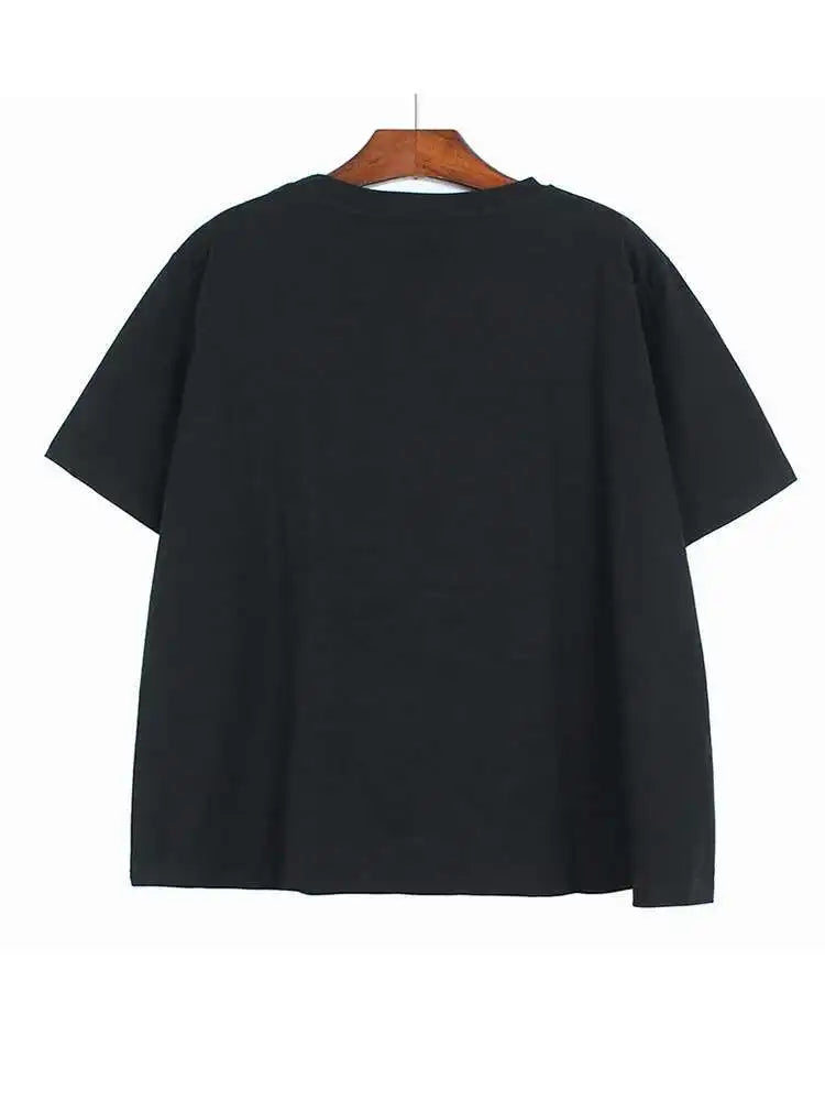 Women Black Plaid Bow Big Size Casual T-shirt New Round Neck Short Sleeve Fashion Tide Spring Summer 2025 1DE9057