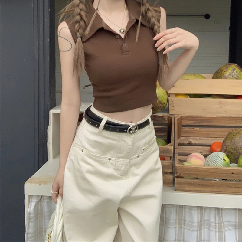 y2k Tank Top Women Summer Clothes Solid Color Turn Down Collar Buttons Sleeveless Tshirt Vest 2000s Clothing Streetwear