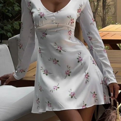 Load image into Gallery viewer, Elegant Satin Long Sleeved Printed Short Skirt For Women Slim V-neck High Waist Female Vestidos Beach Party Summer 2024

