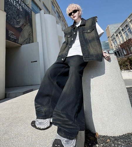 Men's Pants Set New Summer Split Leather Rivet Decoration Single Breasted Multi Pockets Male Causal Straight Jeans 9W1791