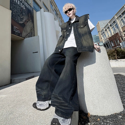 Load image into Gallery viewer, Men&#39;s Pants Set New Summer Split Leather Rivet Decoration Single Breasted Multi Pockets Male Causal Straight Jeans 9W1791
