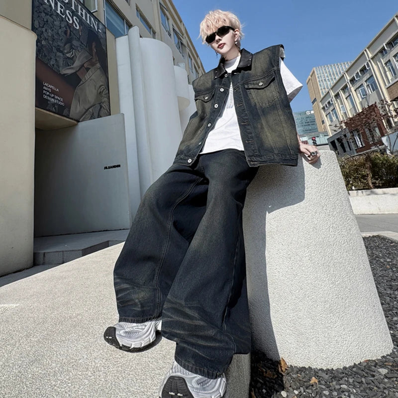 Men's Pants Set New Summer Split Leather Rivet Decoration Single Breasted Multi Pockets Male Causal Straight Jeans 9W1791