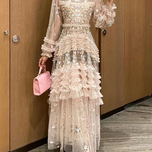 Load image into Gallery viewer, Embroidery Patchwork Mesh Dress For Women Stand Collar Long Sleeve High Waist Spliced Sequins Chic Dresses Female
