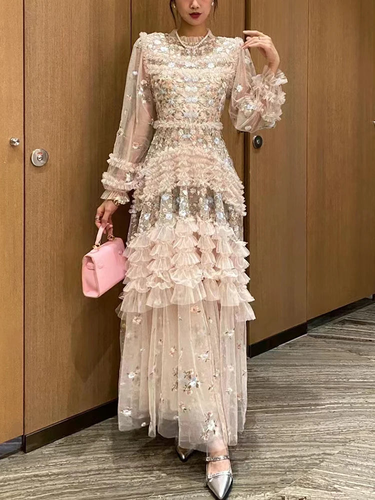 Embroidery Patchwork Mesh Dress For Women Stand Collar Long Sleeve High Waist Spliced Sequins Chic Dresses Female