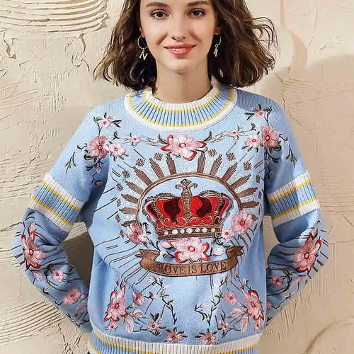 Load image into Gallery viewer, Runway Luxury Winter Knitting Pullovers Women&#39;s High Quality Floral Crown Embroidery Casual Loose Blue Sweater C-127
