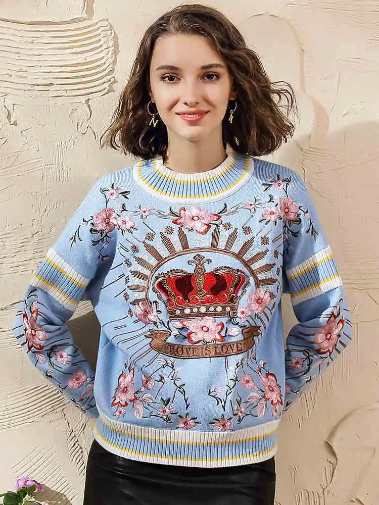 Runway Luxury Winter Knitting Pullovers Women's High Quality Floral Crown Embroidery Casual Loose Blue Sweater C-127