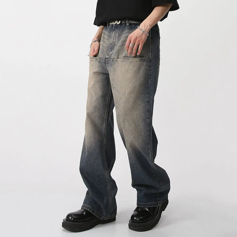 Men's Wear Spring Vintage Male Washed Jeans High Waist Front Pocket Loose Straight Wide Leg Pants Fashion 9A7457