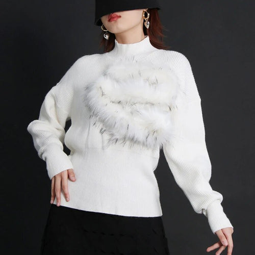 Load image into Gallery viewer, Korean Fashion Patchwork Feather Knitting Sweater For Women Stand Collar Lantern Sleeve Solid Sweaters Female Style
