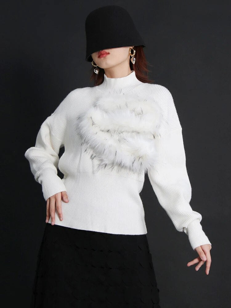 Korean Fashion Patchwork Feather Knitting Sweater For Women Stand Collar Lantern Sleeve Solid Sweaters Female Style