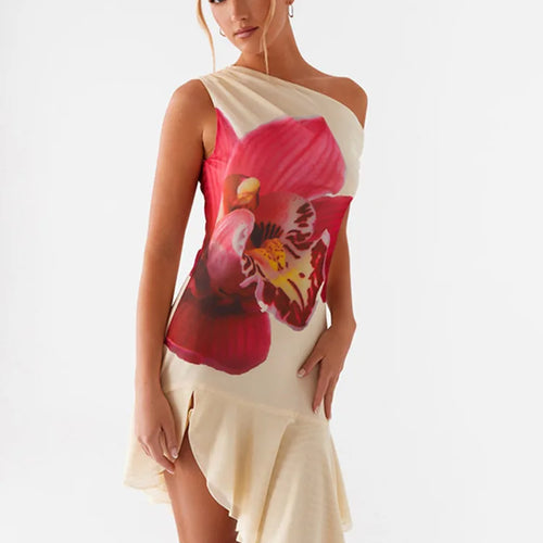 Load image into Gallery viewer, Skew Collar Ruffled Print Sexy Mini Dress For Women Off-shoulder Sleeveless Backless High Waist Printed Dress Vestido
