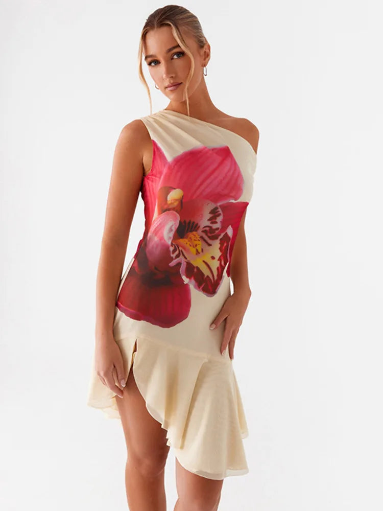 Skew Collar Ruffled Print Sexy Mini Dress For Women Off-shoulder Sleeveless Backless High Waist Printed Dress Vestido