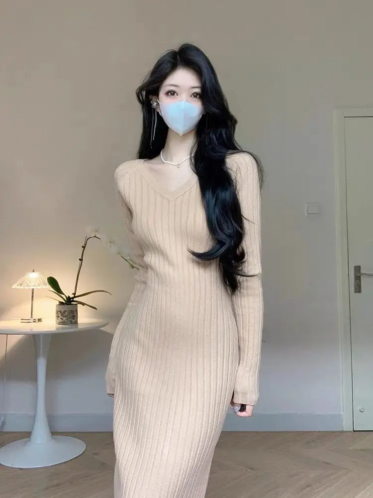 Korean White Knit Long Dress Black V Collar Long Sleeves Bodycon Slim Women Elegant 2023 Autumn Party Khaki Wrap Hip Dress Trend