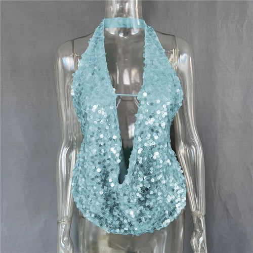 Load image into Gallery viewer, Halter Deep V Neck Sexy Crop Tops Women Sequins Beach Club Tank Tops Female Summer New Holiday Party Cropped Tops
