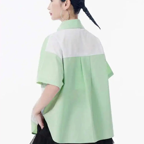 Load image into Gallery viewer, Women Green Color-block Big Size Casual Blouse New Lapel Short Sleeve Shirt Fashion Tide Spring Summer 2025 1DH9999
