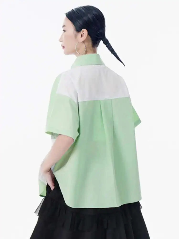 Women Green Color-block Big Size Casual Blouse New Lapel Short Sleeve Shirt Fashion Tide Spring Summer 2025 1DH9999