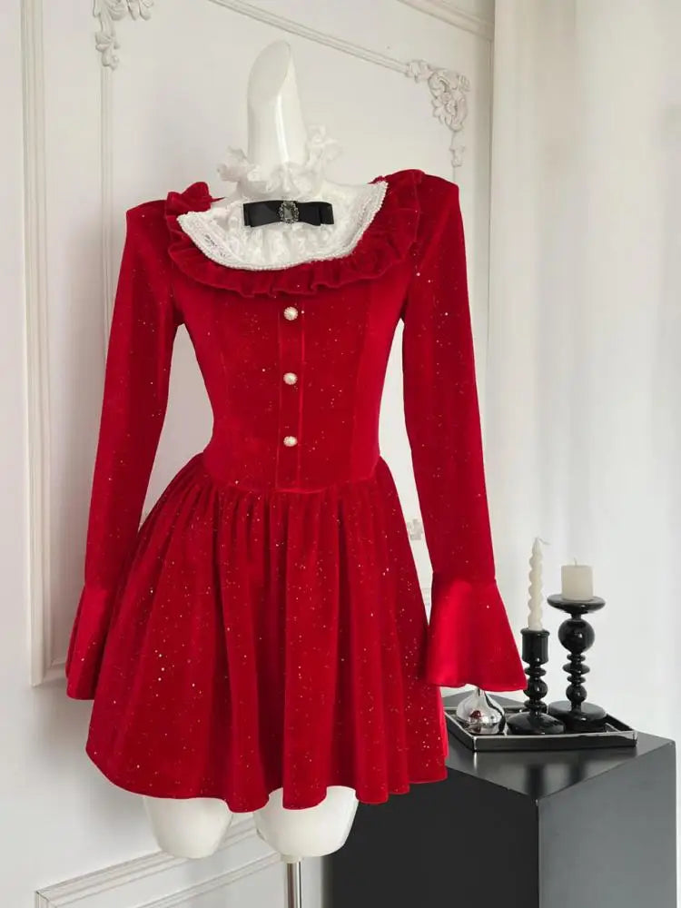 Women New Black Lace Long Sleeve Ruffles Pleated Princess Dress Autumn Winter Red High Waist Elegant Birthday Party Short Dress