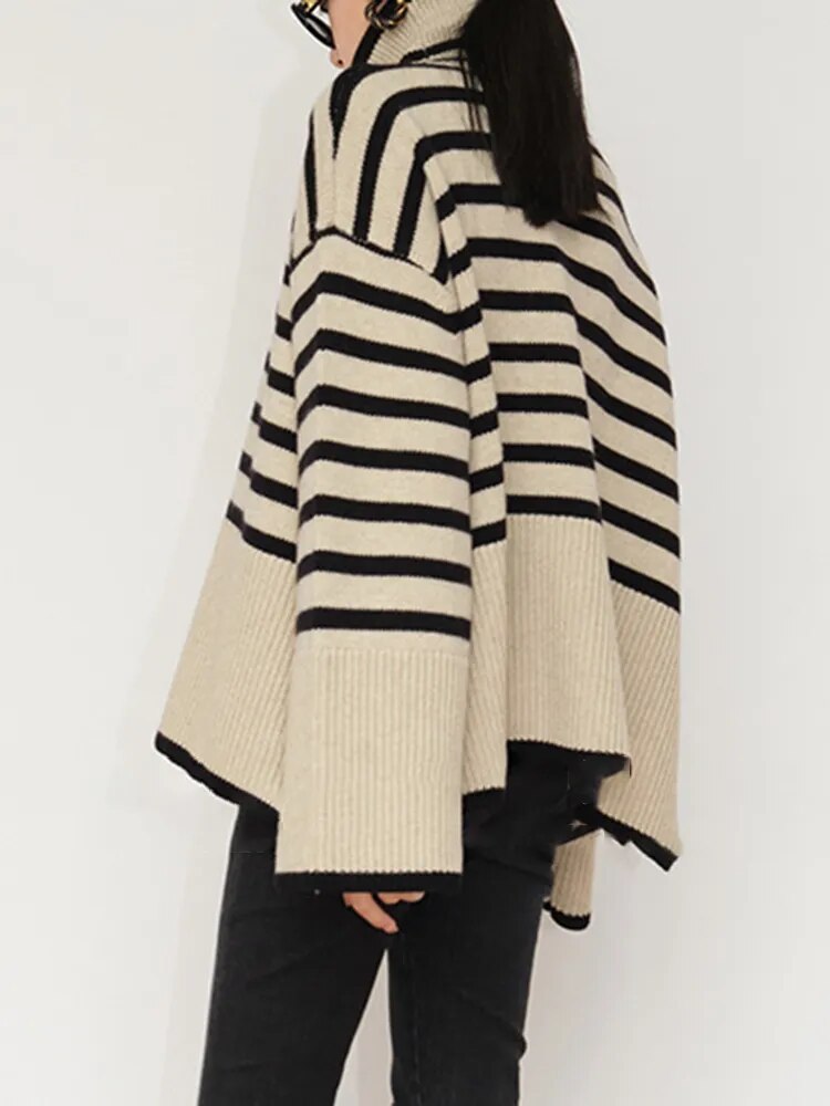 Striped Sweater For Women Turtleneck Long Sleeves Loose Casual Temperament Sweaters Female Fashion Clothing