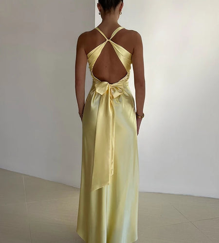 Satin Bow Backless Sexy Maxi Dress For Women Gown Fashion V Neck Sleeveless Club Party Evening Dress Elegant