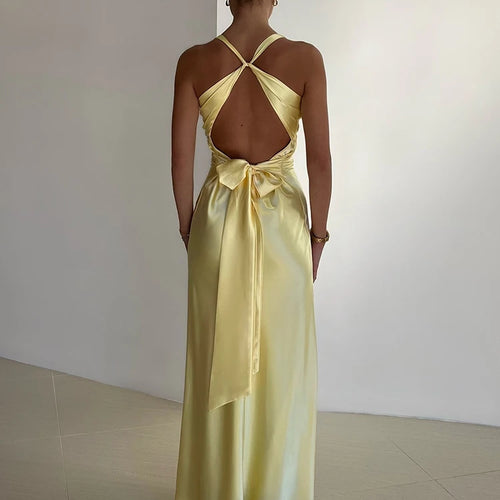 Load image into Gallery viewer, Satin Bow Backless Sexy Maxi Dress For Women Gown Fashion V Neck Sleeveless Club Party Evening Dress Elegant
