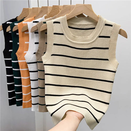 Load image into Gallery viewer, New 2024 Vintage Basic Bottoming Striped Patchwork Knit Vest Women Autumn Winter Elegant Sleeveless Slim Short Tank Tops Fashion

