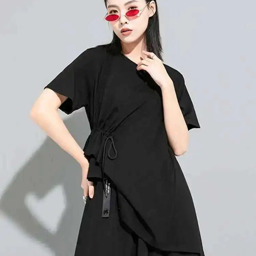 Load image into Gallery viewer, Women White Irregular Drawstring Big Size T-shirt New Round Neck Short Sleeve Fashion Tide Spring Summer 2025 1DE8924
