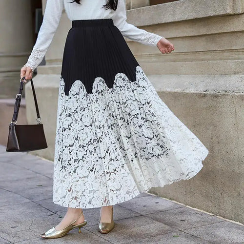 Load image into Gallery viewer, Autumn Winter French Vintage Black White Patchwork Lace Long Skirt Women&#39;s 2024 Sweet Pink Elegant High Waist Pleated Skirt Chic
