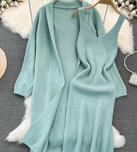 Autumn Thick Warm Solid Knitted Suit 2023 Stripe V Neck Vest Dress+ Loose Long Cardigans Sweater Home Wear Casual Two Pieces Set